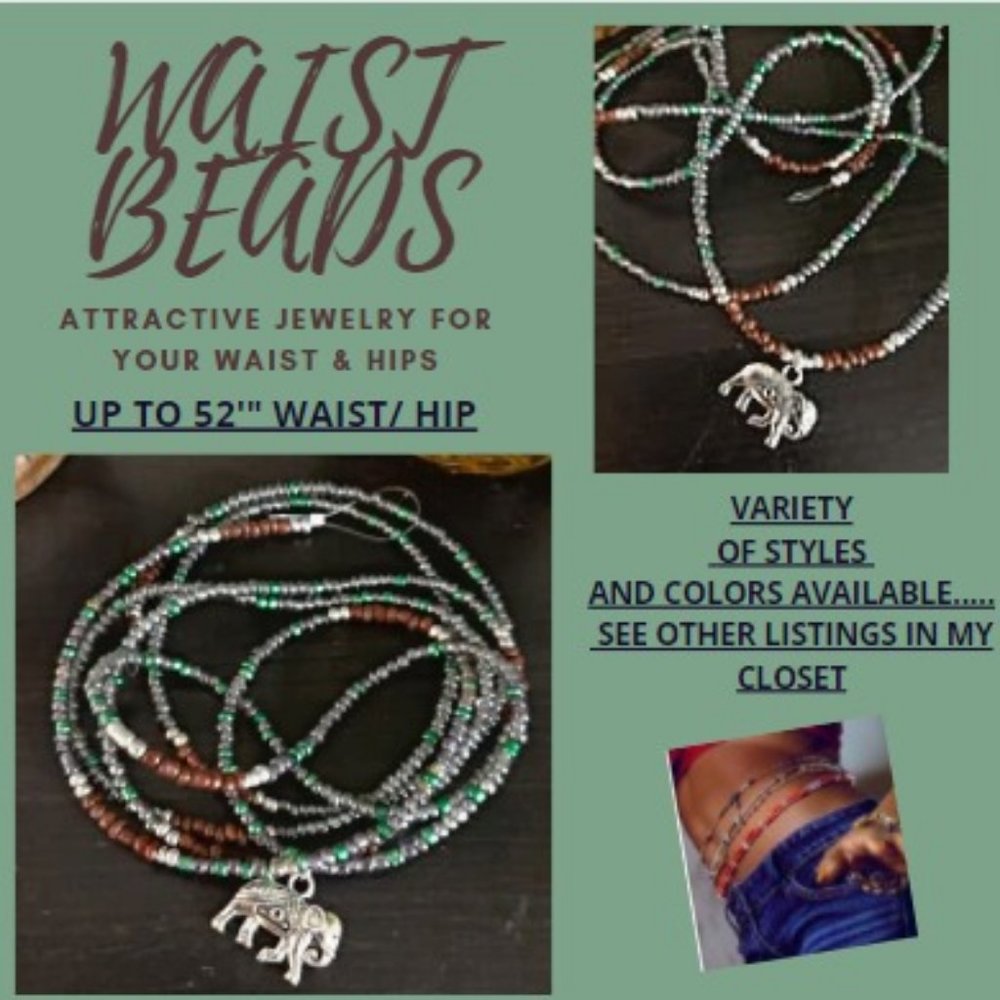 NWT Handmade Waist Bead with  'Elephant' charm up to 52" waist/ hip